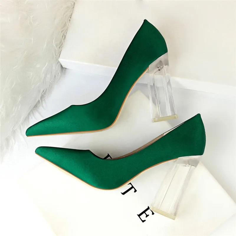 Amozae-2024 Plus Size 43 Women Block 10cm High Heels Lady Scarpins Green Satin Clear Pumps Wedding Yellow Blue Silk Transparent Shoes