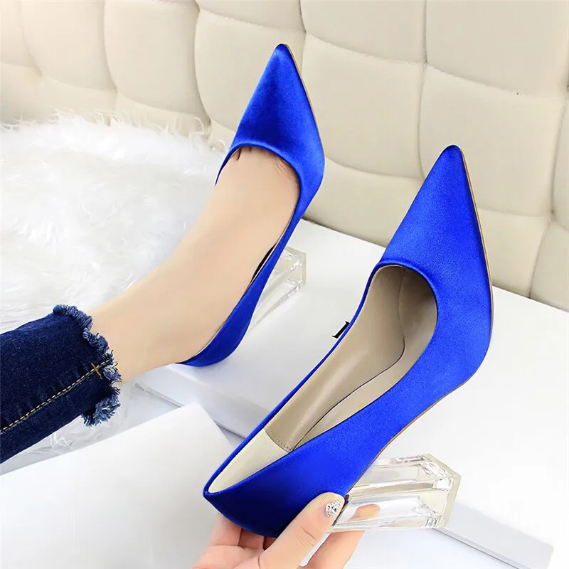 Amozae-2024 Plus Size 43 Women Block 10cm High Heels Lady Scarpins Green Satin Clear Pumps Wedding Yellow Blue Silk Transparent Shoes