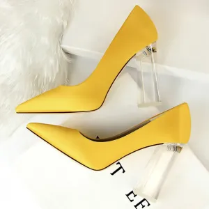 Amozae-2024 Plus Size 43 Women Block 10cm High Heels Lady Scarpins Green Satin Clear Pumps Wedding Yellow Blue Silk Transparent Shoes