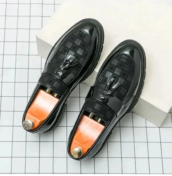 Amozae- Galsan Check Texture Patent Tassel Loafers