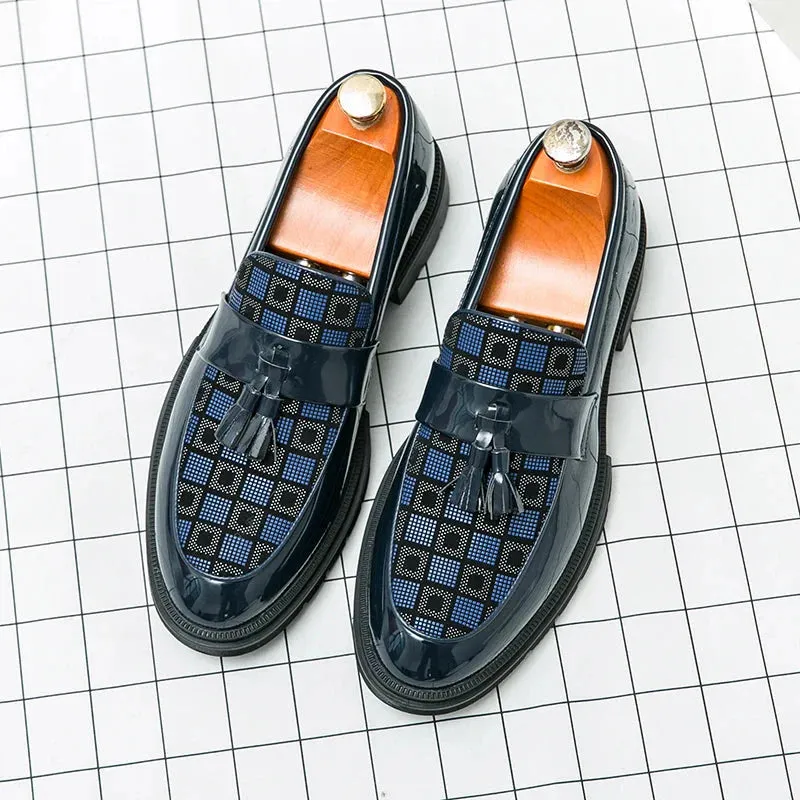 Amozae- Galsan Check Texture Patent Tassel Loafers