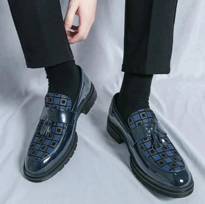 Amozae- Galsan Check Texture Patent Tassel Loafers