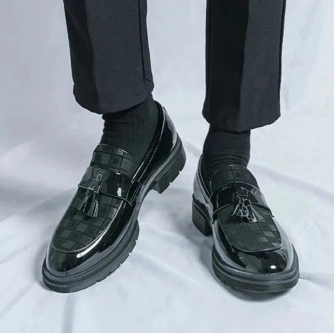 Amozae- Galsan Check Texture Patent Tassel Loafers