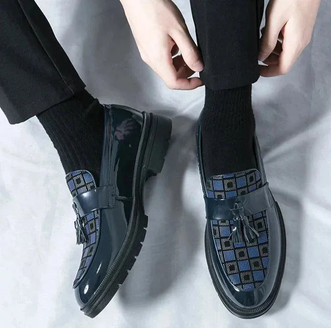 Amozae- Galsan Check Texture Patent Tassel Loafers