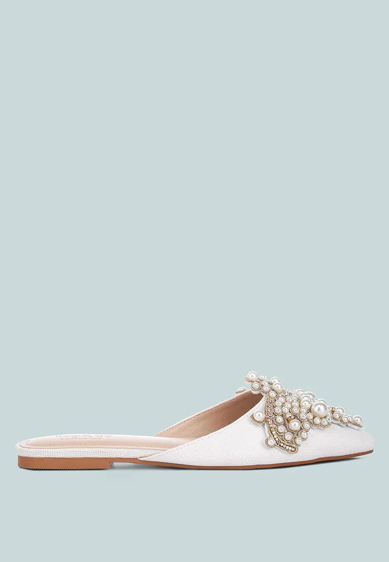 ASTRE Pearl Embellished Shimmer Mules In White