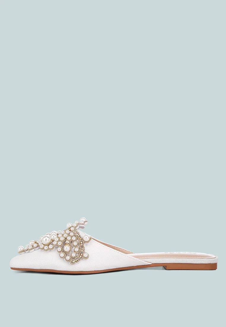 ASTRE Pearl Embellished Shimmer Mules In White