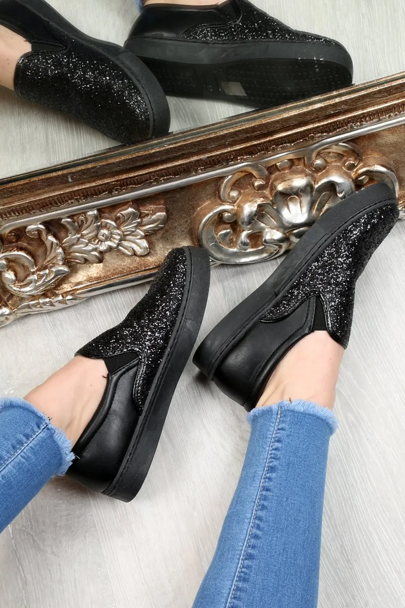 Black Glitter Slip On Trainers - Maddie