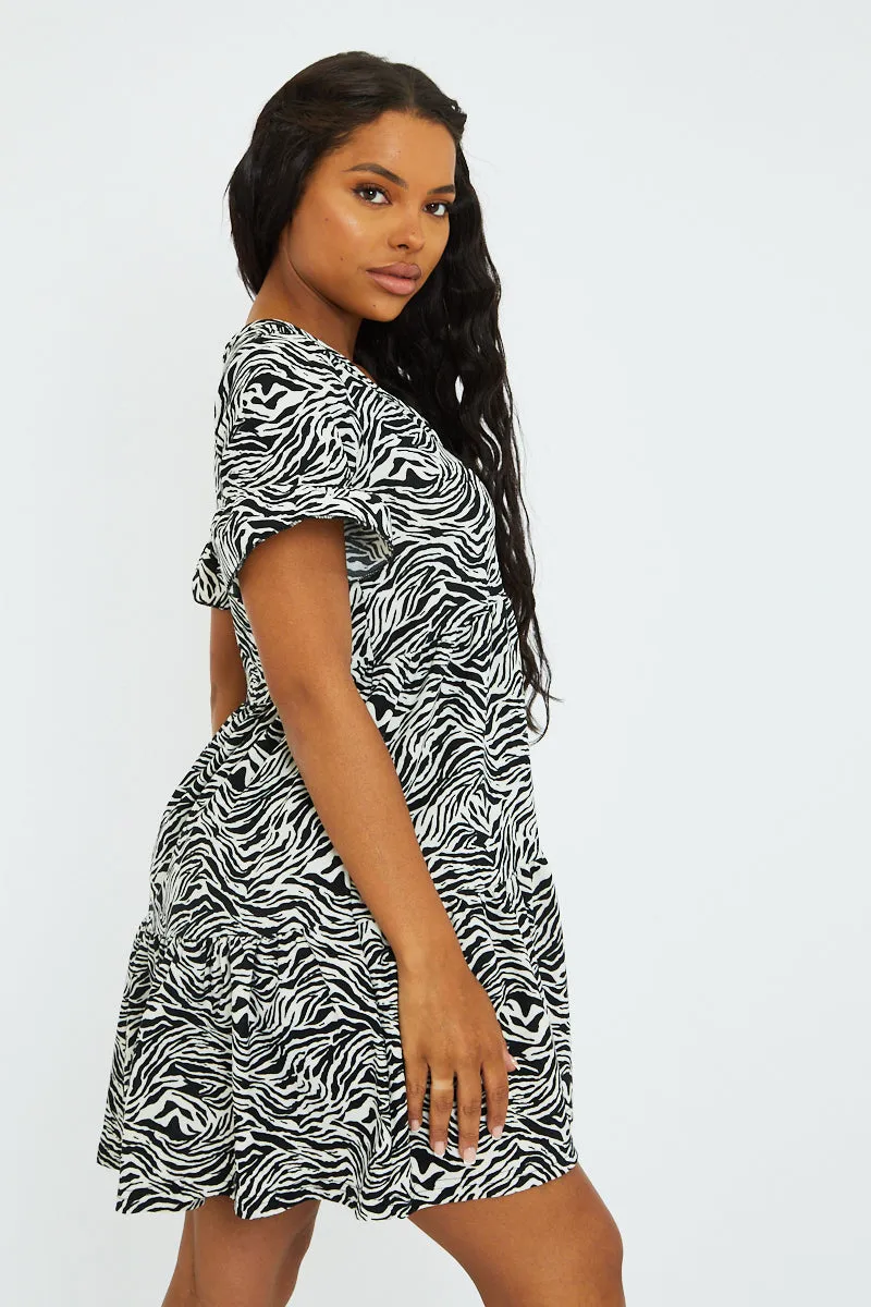 Black White Zebra Print Frill Smock Dress - Ruth