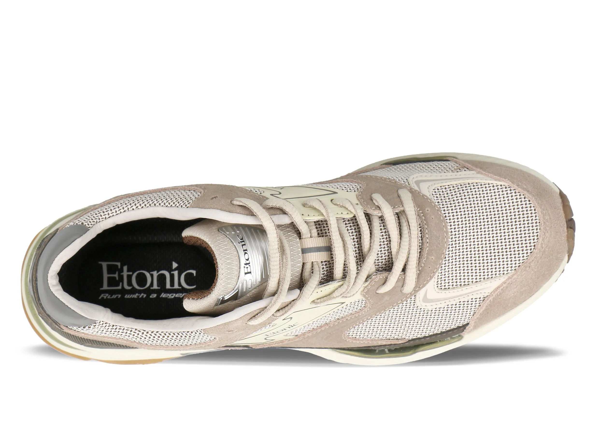 Etonic Evolution sneakers in off white mesh fabric and beige suede leather with white, grey and brown leather inserts.