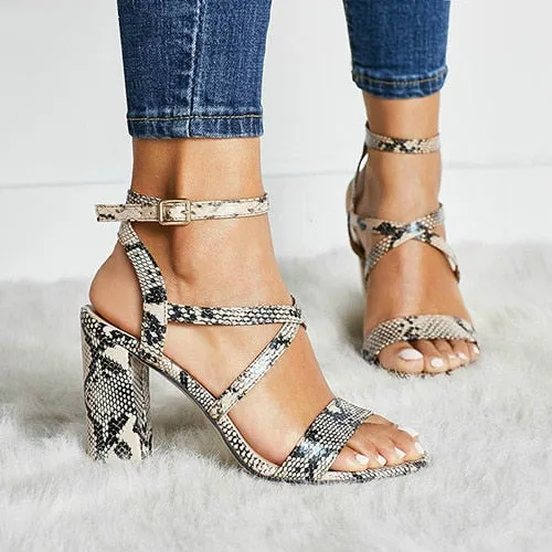 Fashion high heels Sandals   open toes shoes woman spring summer Snakeskin Ladies Sandals with strap footwear