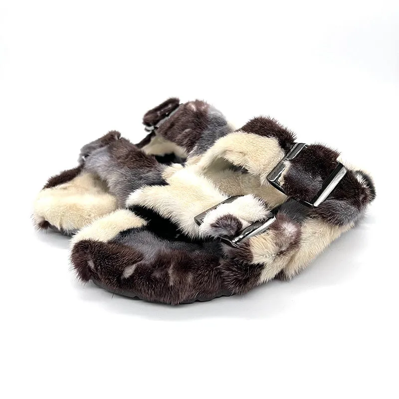 Mink Sandals Fur Slides Flat Slippers Ladies Outdoor Flip Flops For Women Camouflage Color