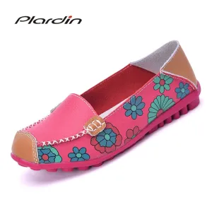 Plardin Cow Muscle Ballet Summer Flower Print Women Genuine Leather Shoes Woman Flat Flexible Nurse Peas Loafer Flats Appliquesm