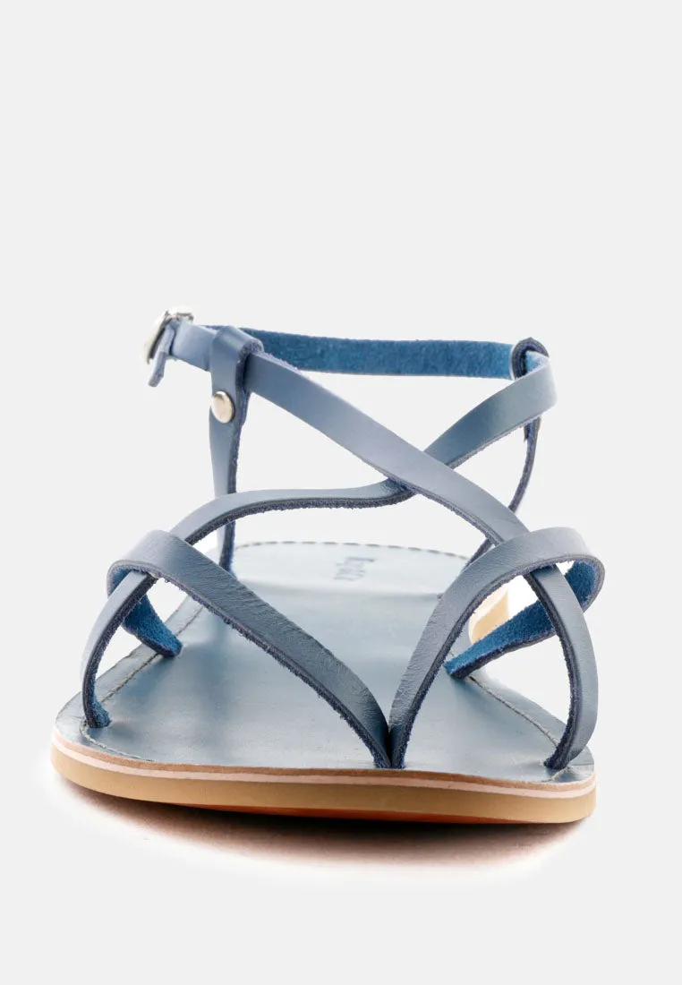 RITA Blue Strappy Flat Leather Sandals