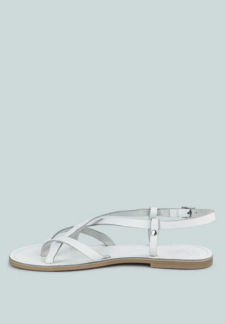 RITA White Strappy Flat Leather Sandals