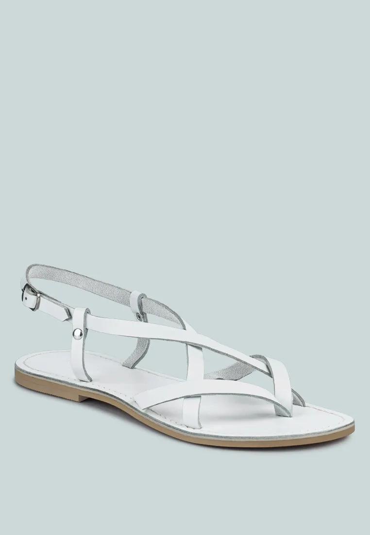 RITA White Strappy Flat Leather Sandals