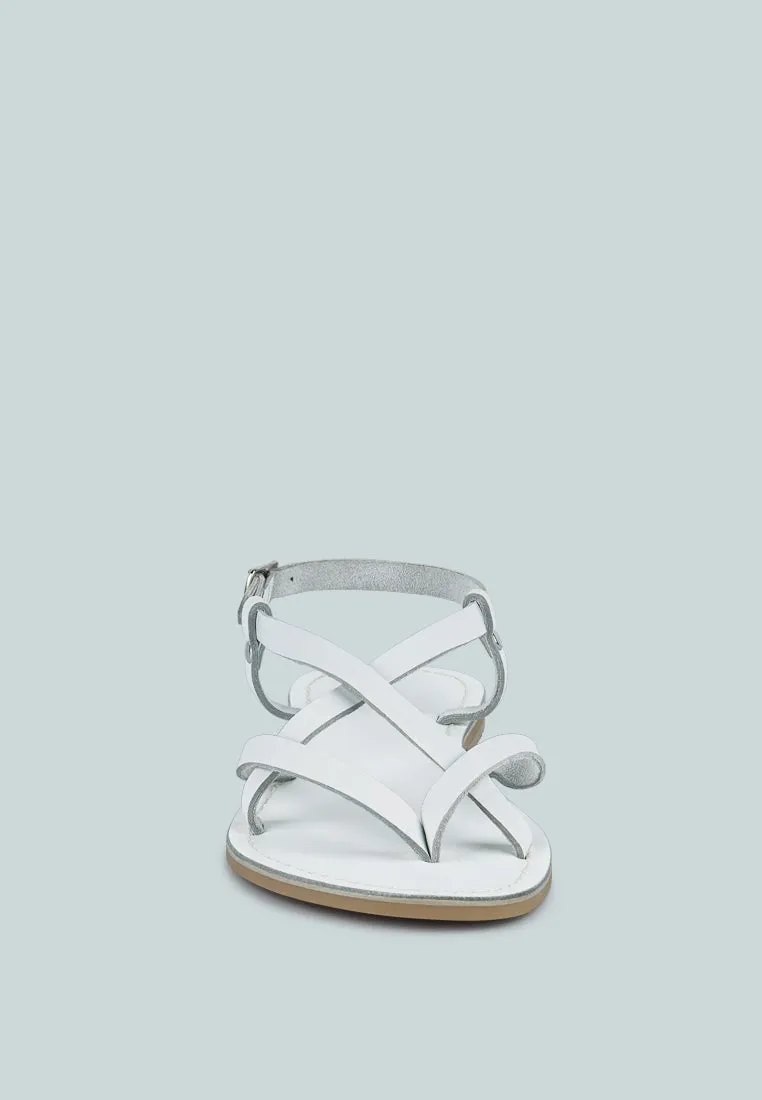 RITA White Strappy Flat Leather Sandals