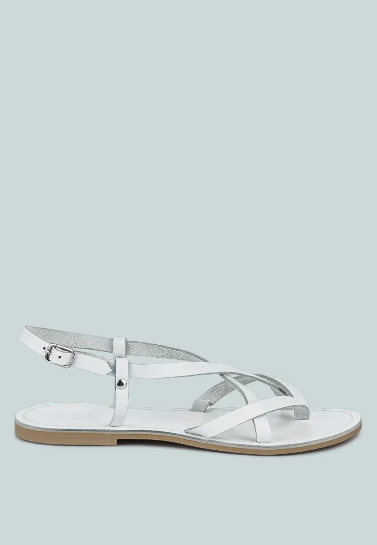 RITA White Strappy Flat Leather Sandals