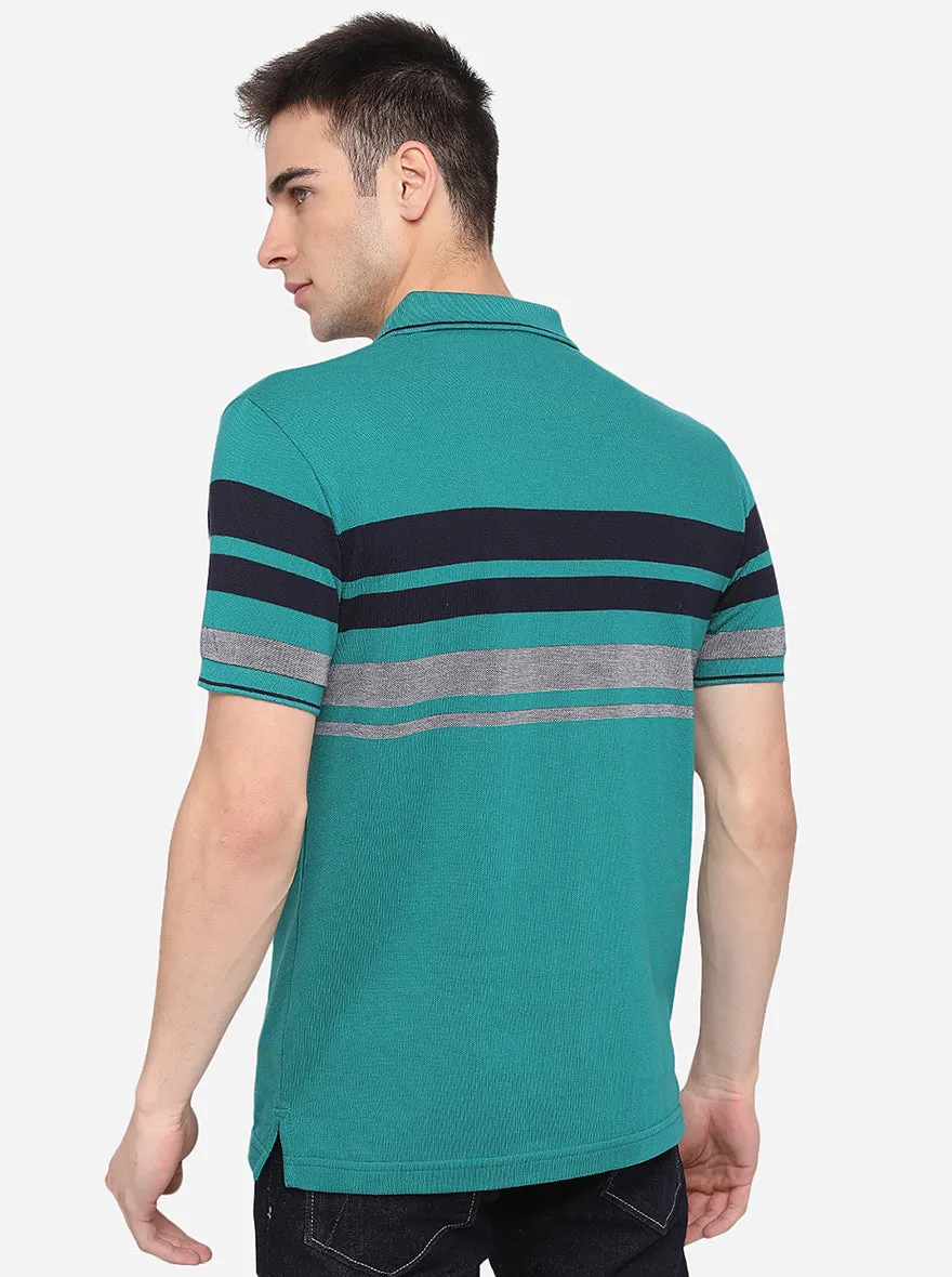 Teal Green Striped Slim Fit Polo T-Shirt | Greenfibre