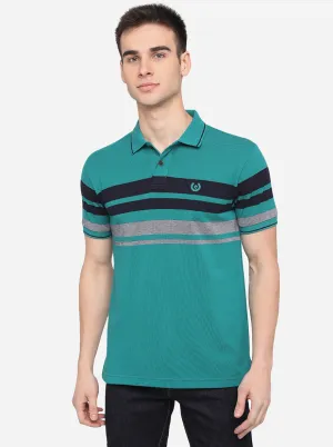 Teal Green Striped Slim Fit Polo T-Shirt | Greenfibre