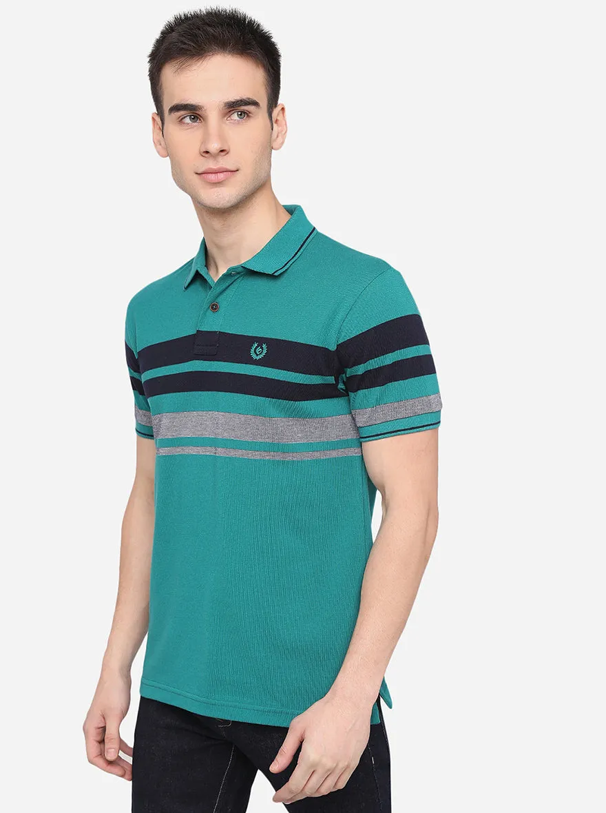 Teal Green Striped Slim Fit Polo T-Shirt | Greenfibre